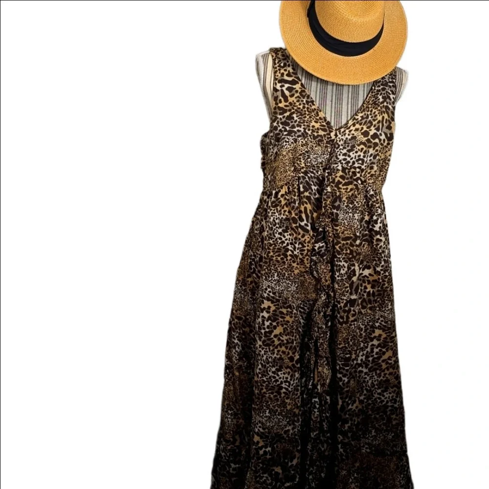 Tan and Brown Leopard Maxi Ruffles Dress - Picture 1 of 9
